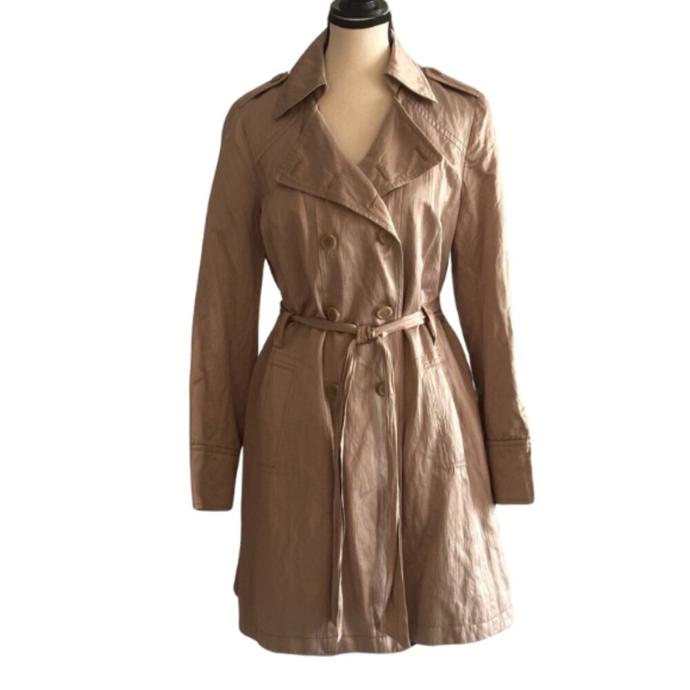 STYLISH BEIGE-GOLD DOUBLE BREASTED BELTED TRENCH-COAT, SZ. M